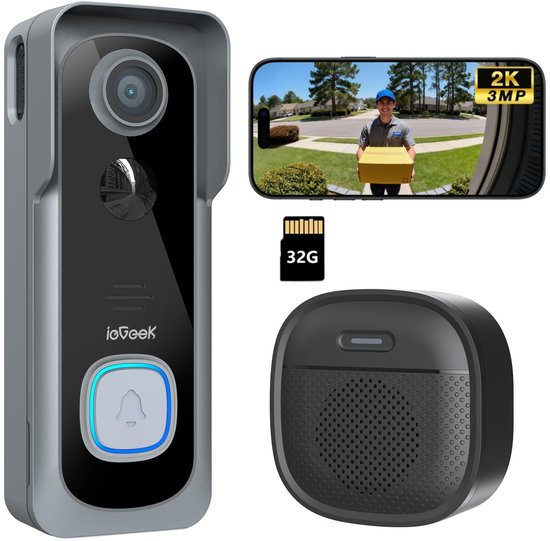 ieGeek J1 2K Draadloze Video Deurbel - 2K FHD - Accu Grijs - Op batterijen - Eenvoudige installatie - Live videogesprek - Mens- en bewegingsdetectie - Geen abonnementskosten - Incl. 32GB SD van Merkloos
