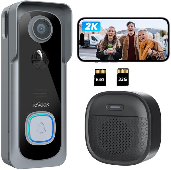 ieGeek J1 2K Draadloze Video Deurbel - 2K FHD - Accu Grijs - Op batterijen - Eenvoudige installatie - Live videogesprek - Mens- en bewegingsdetectie - Geen abonnementskosten - Incl. 64GB 32GB SD van Merkloos