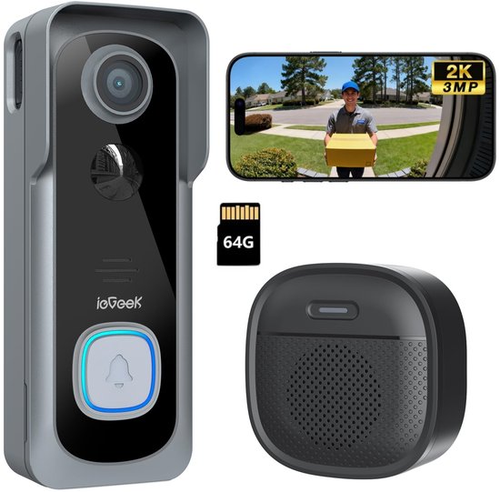 ieGeek J1 2K Draadloze Video Deurbel - 2K FHD - Accu Grijs - Op batterijen - Eenvoudige installatie - Live videogesprek - Mens- en bewegingsdetectie - Geen abonnementskosten - Incl. 64GB SD van Merkloos
