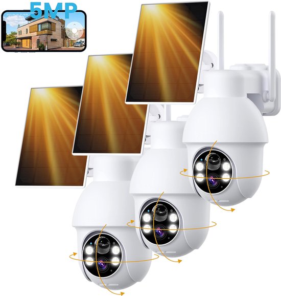 ieGeek Q4 Pro Beveiligingscamera Draadloos Buiten – 5MP Ultra HD - Camerabewaking - Bewakingscamera Voor Buiten - Buitencamera - Buiten Camera Met Nachtzicht - Oplaadbaar - Met WiFi en APP - Incl. 1.6W Zonnepaneel - WIT - 3 stuks van ieGeek