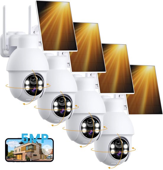 ieGeek Q4 Pro Beveiligingscamera Draadloos Buiten – 5MP Ultra HD - Camerabewaking - Bewakingscamera Voor Buiten - Buitencamera - Buiten Camera Met Nachtzicht - Oplaadbaar - Met WiFi en APP - Incl. 1.6W Zonnepaneel - WIT - 4 stuks van ieGeek