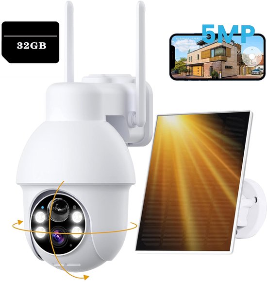 ieGeek Q4 Pro Beveiligingscamera Draadloos Buiten – 5MP Ultra HD - Camerabewaking - Bewakingscamera Voor Buiten - Buitencamera - Buiten Camera Met Nachtzicht - Oplaadbaar - Met WiFi en APP - Incl. 32GB KAART & 1.6W Zonnepaneel - WIT van Merkloos