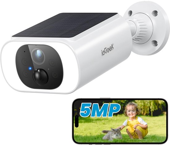 ieGeek S1 Pro Solar Camera - Draadloze Beveiligingscamera voor Buiten - Buiten camera met zonnepaneel - Bewakingscamera voor buiten - Beveiligingscamera buiten - 5MP Ultra HD - Met wifi en app - Wit