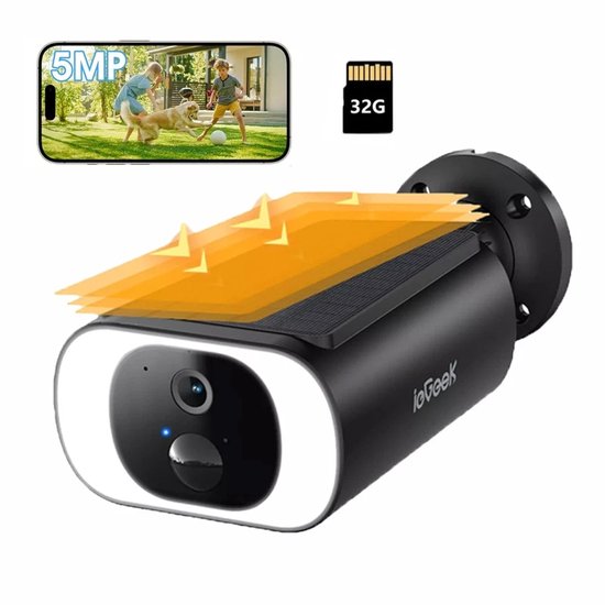 ieGeek S1 Pro Solar Camera - Draadloze Beveiligingscamera voor Buiten - Buiten Camera met Zonnepaneel - Bewakingscamera voor Buiten - Inclusief 32GB Kaart - Beveiligingscamera Buiten - 5MP Ultra HD - Met Wifi en App - Zwart