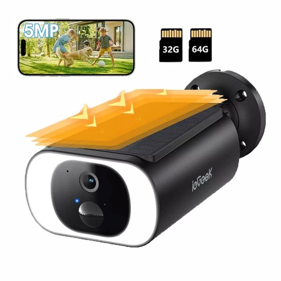 ieGeek S1 Pro Solar Camera - Draadloze Beveiligingscamera voor Buiten - Buiten Camera met Zonnepaneel - Bewakingscamera voor Buiten - Inclusief 64GB 32GB Kaart - Beveiligingscamera Buiten - 5MP Ultra HD - Met Wifi en App - Zwart van ieGeek