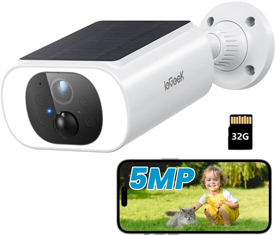 ieGeek S1 Pro Solar Camera - Draadloze Beveiligingscamera voor Buiten - Buiten Camera met Zonnepaneel - Bewakingscamera voor Buiten - Inclusief SD-kaart (32GB) - Beveiligingscamera Buiten - 5MP Ultra HD - Met Wifi en App - Wit