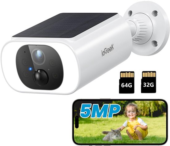 ieGeek S1 Pro Solar Camera - Draadloze Beveiligingscamera voor Buiten - Buiten Camera met Zonnepaneel - Bewakingscamera voor Buiten - Inclusief SD-kaart (32GB,64GB) - Beveiligingscamera Buiten - 5MP Ultra HD - Met Wifi en App - Wit