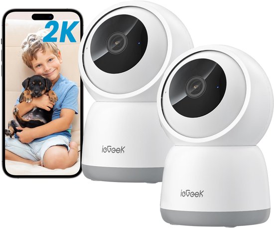 ieGeek SC1 Beveiligingscamera binnen - 2K 3MP Ultra HD - Huisdiercamera met app - Beveiligingscamera's - Wifi Camera APP - Volgt beweging en geluidsdetectie - Bewakingscamera - 2.4/5 GHz - Wit - 2 Stuks van Merkloos