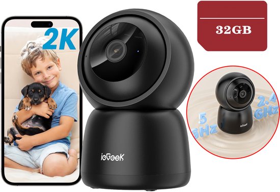 ieGeek SC1 Beveiligingscamera binnen - 2K 3MP Ultra HD - Huisdiercamera met app - Beveiligingscamera's - Wifi Camera APP - Volgt beweging en geluidsdetectie - Bewakingscamera - 2.4/5 GHz - Zwart - 32GB Kaart van Merkloos
