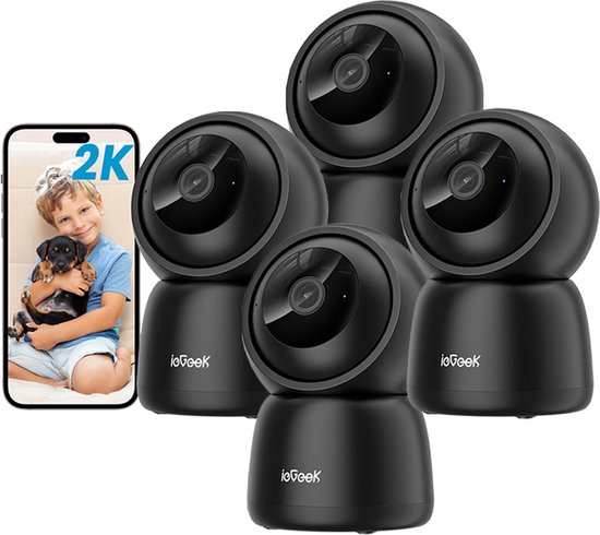 ieGeek SC1 Beveiligingscamera binnen - 2K 3MP Ultra HD - Huisdiercamera met app - Beveiligingscamera's - Wifi Camera APP - Volgt beweging en geluidsdetectie - Bewakingscamera - 2.4/5 GHz - Zwart - 4 Stuks van Merkloos
