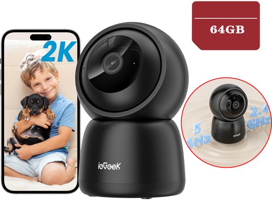 ieGeek SC1 Beveiligingscamera binnen - 2K 3MP Ultra HD - Huisdiercamera met app - Beveiligingscamera's - Wifi Camera APP - Volgt beweging en geluidsdetectie - Bewakingscamera - 2.4/5 GHz - Zwart - 64GB Kaart van Merkloos
