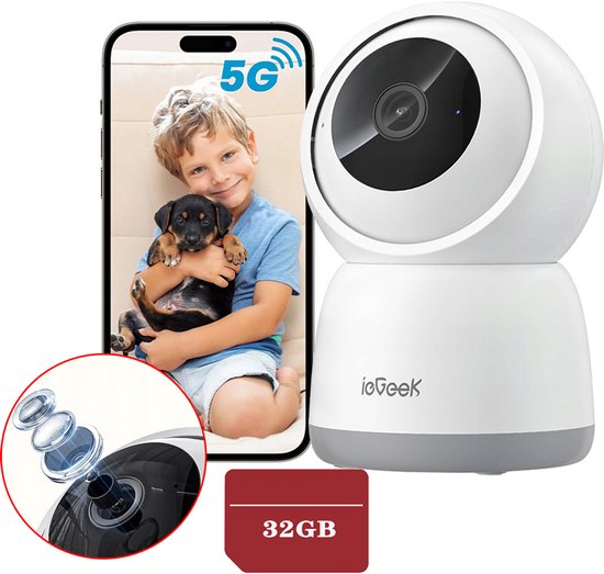 ieGeek SC1 Pro Beveiligingscamera binnen - 5MP Ultra HD - Huisdiercamera met app - Beveiligingscamera's - Wifi Camera APP - Volgt beweging en geluidsdetectie - Bewakingscamera - 2.4/5 GHz - Wit - 32GB Kaart van Merkloos