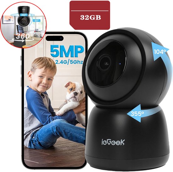 ieGeek SC1 Pro Beveiligingscamera binnen - 5MP Ultra HD - Huisdiercamera met app - Beveiligingscamera's - Wifi Camera APP - Volgt beweging en geluidsdetectie - Bewakingscamera - 2.4/5 GHz - Zwart - 32GB-KAART van Merkloos