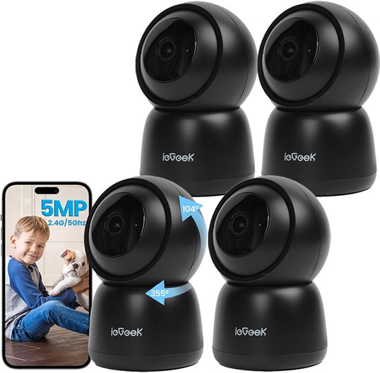ieGeek SC1 Pro Beveiligingscamera binnen - 5MP Ultra HD - Huisdiercamera met app - Beveiligingscamera's - Wifi Camera APP - Volgt beweging en geluidsdetectie - Bewakingscamera - 2.4/5 GHz - Zwart - 4 Stuks van ieGeek