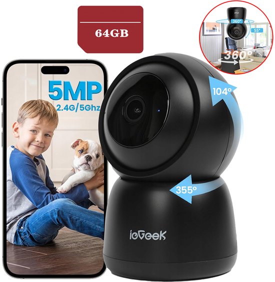 ieGeek SC1 Pro Beveiligingscamera binnen - 5MP Ultra HD - Huisdiercamera met app - Beveiligingscamera's - Wifi Camera APP - Volgt beweging en geluidsdetectie - Bewakingscamera - 2.4/5 GHz - Zwart - 64GB-KAART van Merkloos