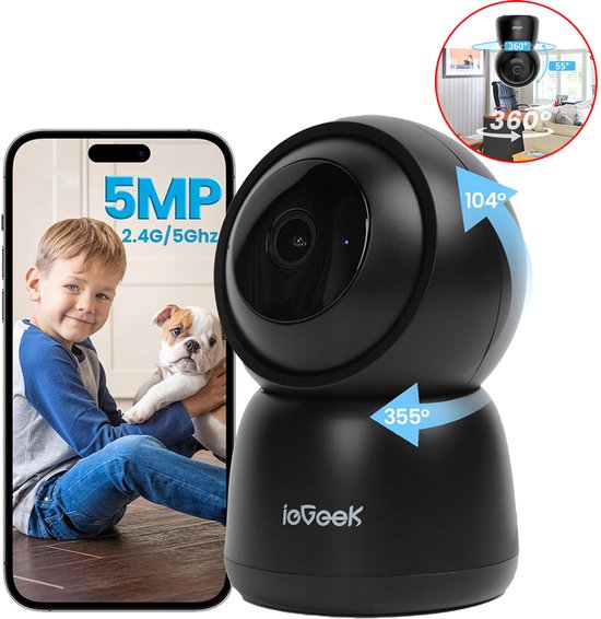 ieGeek SC1 Pro Beveiligingscamera binnen - 5MP Ultra HD - Huisdiercamera met app - Beveiligingscamera's - Wifi Camera APP - Volgt beweging en geluidsdetectie - Bewakingscamera - 2.4/5 GHz - Zwart van Merkloos