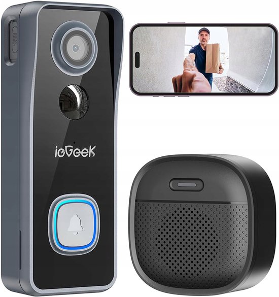 ieGeek Security Bell J9 Video Deurbel - Add-on - Video Doorbell - Cam technologie, 2K Resolutie Full HD - resolutie, kleur nachtzicht - Draadloos/Batterij - Live videogesprek, 24/7 opname, Mens- en bewegingsdetectie - Waterdicht van Merkloos