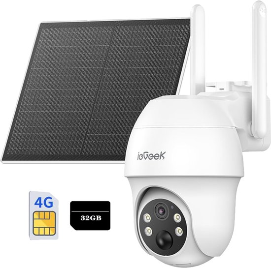 ieGeek Security Buitencamera S11 4G LTE – Outdoor Cam - 2K UHD – Pan & Tilt – Zonnepaneel – Infrarood Nachtzicht – Inclusief 32GB SIM-kaart van Merkloos