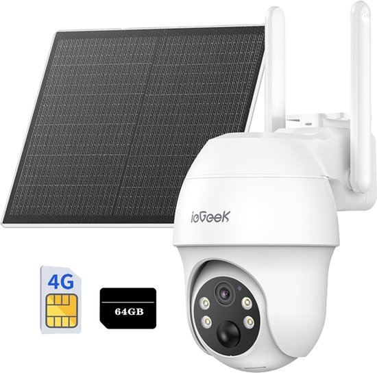 ieGeek Security Buitencamera S11 4G LTE – Outdoor Cam - 2K UHD – Pan & Tilt – Zonnepaneel – Infrarood Nachtzicht – Inclusief 64GB SIM-kaart van Merkloos