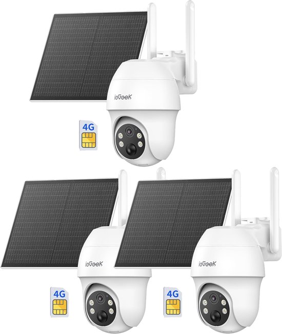 ieGeek Security Buitencamera S11 4G LTE – Outdoor Cam - 2K UHD – Pan & Tilt – Zonnepaneel – Infrarood Nachtzicht – Inclusief SIM-kaart ] - 3 stuks