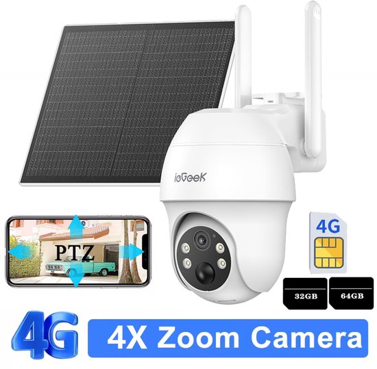 ieGeek Security Buitencamera S11 4G LTE - Outdoor Cam - 2K UHD - Pan & Tilt - Zonnepaneel - Infrarood Nachtzicht - Inclusief SIM-kaart -32 G 64G Geheugenkaart van ieGeek