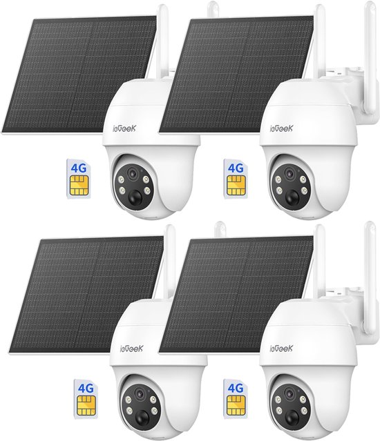 ieGeek Security Buitencamera S11 4G LTE – Outdoor Cam - 2K UHD – Pan & Tilt – Zonnepaneel – Infrarood Nachtzicht – Inclusief SIM-kaart ] - 4 stuks