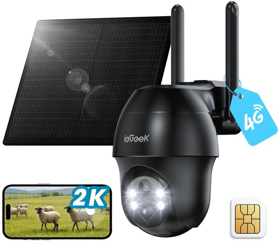 ieGeek Security Buitencamera S11 4G LTE - Outdoor Cam - 2K UHD - Pan & Tilt - Zonnepaneel - Kleurennachtzicht - Inclusief SIM-kaart van Merkloos