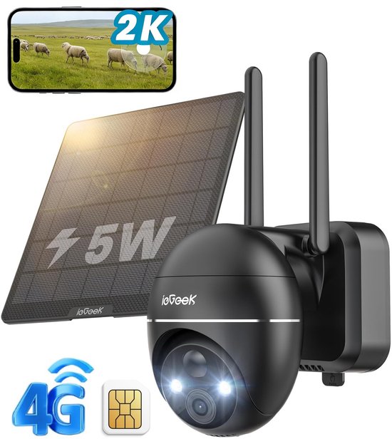 ieGeek Security Buitencamera ZY-G1 4G LTE - Beveiligingscamera voor Buiten - Outdoor Cam - 2K UHD - Pan & Tilt - Zonnepaneel - Nachtzicht - Inclusief SIM-kaart van Merkloos