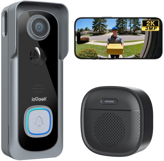 ieGeek Video Doorbell J9 - 2K HD - Eenvoudige Installatie - Live Videogesprek - Mens- en Bewegingsdetectie -Geen Abonnementskosten van Merkloos