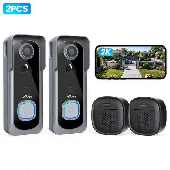 ieGeek Videodeurbel Draadloos 2K 3MP - Zonder Abonnement - Deurbelcamera met Gong - PIR Detectie - Tweeweg Audio - Alexa - Grijs - 2pcs van ieGeek