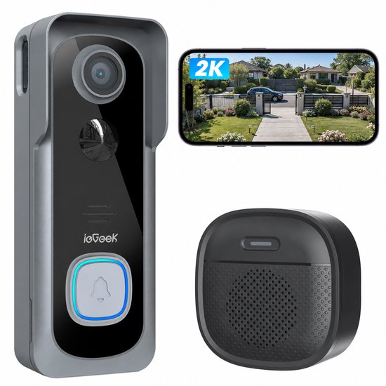 ieGeek Videodeurbel Draadloos 2K 3MP – Zonder Abonnement – Deurbelcamera met Gong – PIR Detectie – Tweeweg Audio – Alexa – Grijs