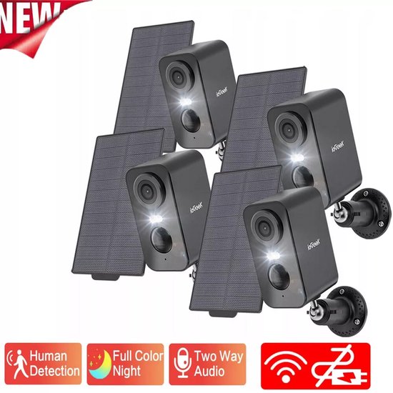 ieGeek Zonne-beveiligingscamera's draadloos voor buiten - beveiligingscamera's op zonne-energie - 2K 3MP - met spotlight kleuren nachtzicht - PIR-sensor - 4 stuks van ieGeek