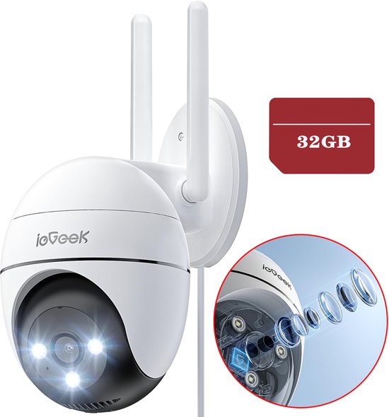 ieGeek ZS-GQ2 Beveiligingscamera Buiten - 2K HD 3MP - Buiten Camera Met Nachtzicht - Buitencamera - Bewakingscamera voor Buiten- Met WiFi en APP - 4x Digitale zoom - Wit - 32GB Kaart van Merkloos