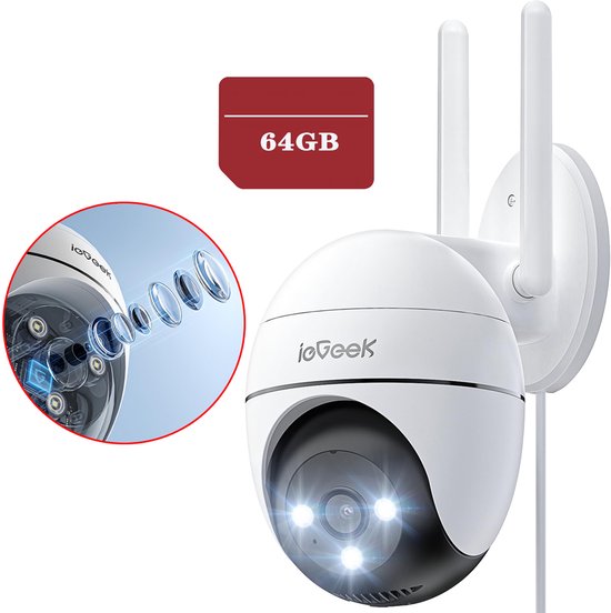 ieGeek ZS-GQ2 Beveiligingscamera Buiten – 2K HD 3MP - Buiten Camera Met Nachtzicht – Buitencamera - Bewakingscamera voor Buiten- Met WiFi en APP - 4x Digitale zoom - Wit - 64GB Kaart van Merkloos