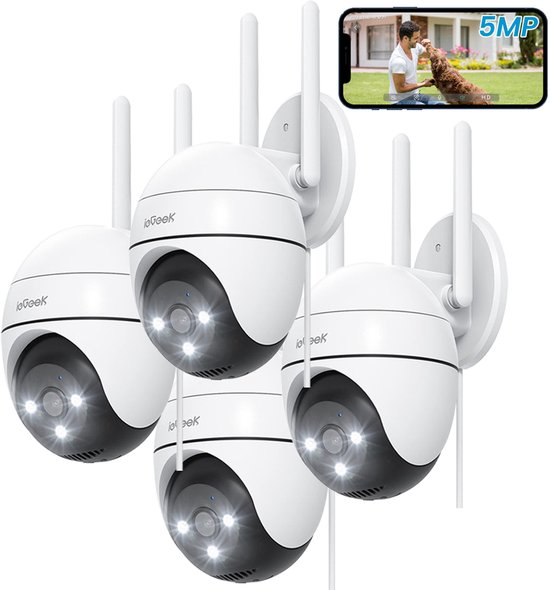 ieGeek ZS-GQ4 Beveiligingscamera Buiten – 3K HD 5MP - Buiten Camera Met Nachtzicht – Buitencamera - Bewakingscamera voor Buiten- Met WiFi en APP - 360° horizontaal & 130° verticaal - Wit - 4 Stuks van ieGeek