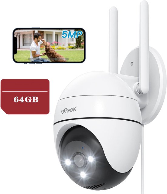 ieGeek ZS-GQ4 Beveiligingscamera Buiten – 3K HD 5MP - Buiten Camera Met Nachtzicht – Buitencamera - Bewakingscamera voor Buiten- Met WiFi en APP - 360° horizontaal & 130° verticaal - Wit - 64GB Kaart van Merkloos
