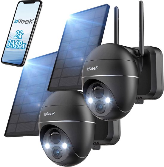ieGeek ZS-GX1S Beveiligingscamera Buiten 2K 3MP - PTZ Bewakingscamera Buiten Draadloos - CCTV IP Security Camera Outdoor met - met Zonnepaneel - 355°/90° Draaien - Humanoïde Bewegingsdetectie Tracking - 2 stuks