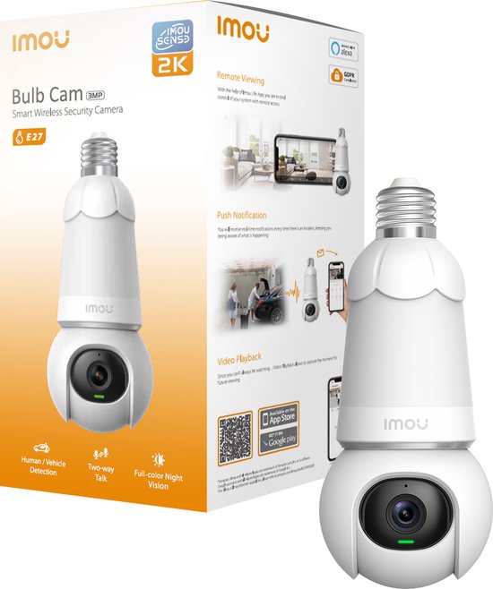 Imou Bulb Cam - Beveiligingscamera En E27 Lamp - 3K Camera en Lamp In 1 - 3K UHD Beeld – 350 Lumen - Eenvoudige en Snelle Installatie - Panoramisch Draaien En Kantelen Voor 360° Beveiliging - Persoons -En Voertuigendetectie van Imou