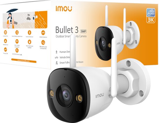 Imou Bullet 3 3K - Beveiligingscamera Buiten - 3K UHD Beeldkwaliteit - WIFI 6 Ondersteuning - Smart Color Night Vision - AI Persoons -En Voertuigendetectie - IP67 Weerbestendig - Ingebouwde Spotlight - Ingebouwde microfoon en luidspreker 110dB Sirene