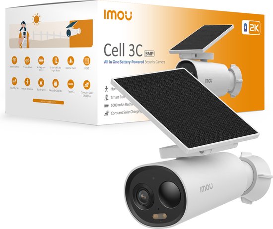 Imou Cell 3C All-In-One - 2K Draadloos Beveiligingscamera Voor Buiten - Inclusief Ingebouwde Zonnepaneel - Volledig Draadloos - Bewaking Voor Buiten Met Nachtzicht In Kleur - Sirene - IP66 Weerbestendig - Grote 5000mAh Batterijcapaciteit van Imou