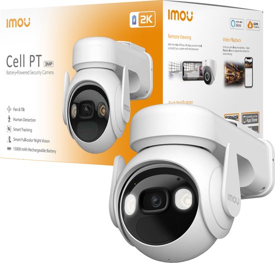 Imou Cell PT - Beveiligingscamera - 2K Draadloos Bewakingscamera Voor Buiten - 15.000 mAh Batterij - USB-C Poort Voor Snelladen Batterij - 360 Graden Dekking - Persoonsdetectie - IP66 Weerbestendig - 120dB Ingebouwde Sirene