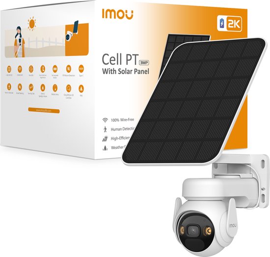 Imou Cell PT Solar Kit - Beveiligingscamera - 2K QHD Draadloos Bewakingscamera Voor Buiten - Met Zonnepaneel Voor Onbeperkte levensduur Van De Batterij - 15.000 mAh Batterij - USB-C Snelladen - Draaien En Kantelen Voor 360° Dekking - IP66 van Imou