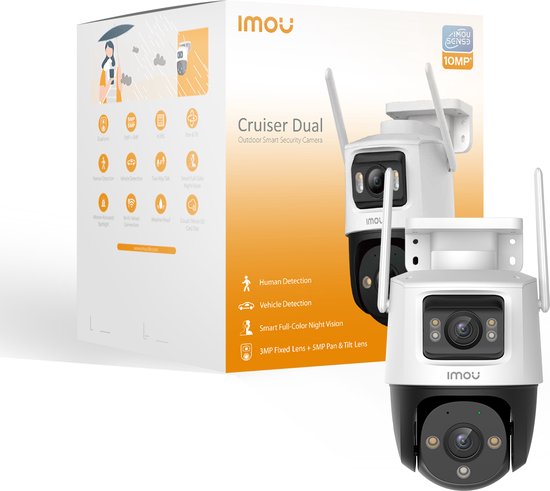 Imou Cruiser Dual 10MP - Beveiligingscamera Voor Buiten - Wit - Camera Met Verstelbare Dubbele Lens (2 x5MP) - 360° Dekking - Accurate Persoons- En Voertuigdetectie - Nachtzicht Continue In Kleur - Sirene - IP66 Bestemd Tegen Zware Weeromstandigheden van Imou