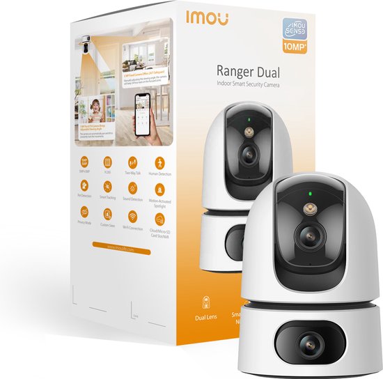Imou Ranger Dual 10MP - Beveiligingscamera - Wit - Beveiligingscamera Binnen - Camera Met Dubbele Lens 2x 5MP - Slim Kleurennachtzicht - 360° Dekking Door Verstelbare Dubbele Lens - Persoons- En Huisdierendetectie - Abnormale Geluidsdetectie van Imou
