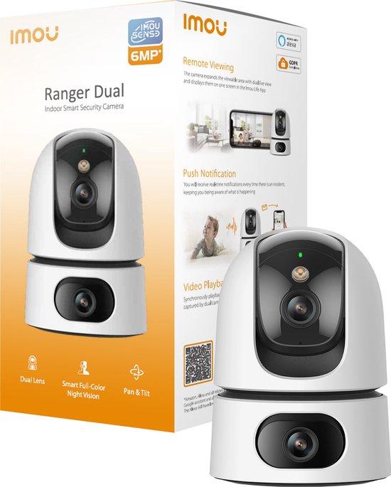 Imou Ranger Dual 6MP - Beveiligingscamera - Wit - Beveiligingscamera Binnen - Camera Met Dubbele Lens 2x 3MP - Slim Kleurennachtzicht - 360° Dekking Door Verstelbare Dubbele Lens - Persoons- En Huisdierendetectie - Abnormale Geluidsdetectie van Imou