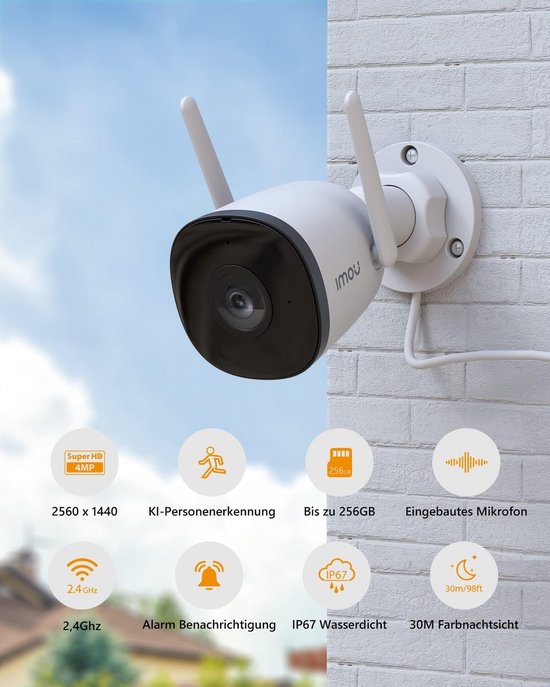 Imou WiFi Buitenbewakingscamera, 2.5K WiFi IP Camera 2.4 GHz Waterdicht met 30m Nachtzicht, AI Bewegingdetectie (Bullet 2C 4MP)