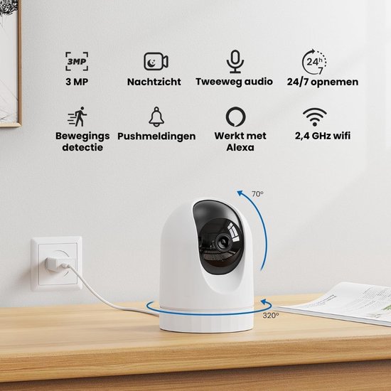 Indoor Bewakingscamera, 2K Babyfoon met Camera, 360° Wifi, Binnencamera voor Honden met App, Automatische Tracking, Tweeweg Audio, Bewegingsdetectie, Nachtzicht, Compatibel met Alexa