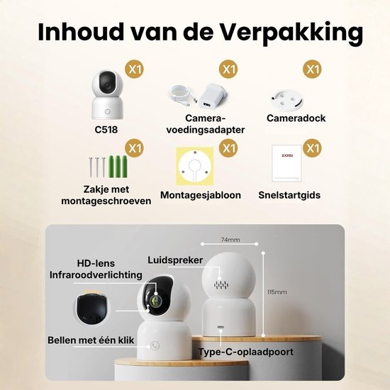 Indoor WiFi Beveiligingscamera, 2,4/5GHz WiFi-camera met AI-mens-/dierherkenning, bellen met één klik en OK-gebaar, 360° draaien en volgen, tweewegsaudio