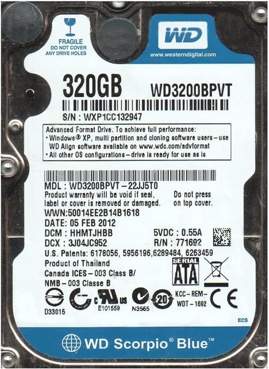 Interne Harde Schijf 320GB 5400 RPM SATA 2.5 inch voor Laptop van Merkloos