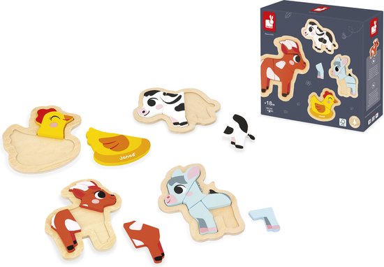 Janod - Puzzel Boerderijdieren - Houten Puzzelset Met 4 Puzzels, Variërend Van 2 Tot 5 Stukjes - Perfect Voor Het Ontwikkelen Van De Fijne Motoriek En Coördinatie! - Geschikt Vanaf 18 Maanden van Janod